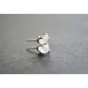 Sterling silver stud earrings, alternative diamond, uncut natural gemsto…